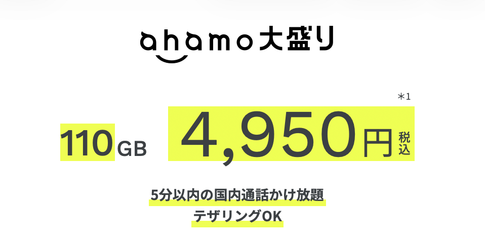 ahamo大盛りプラン 月額4,950円(税込)110GB