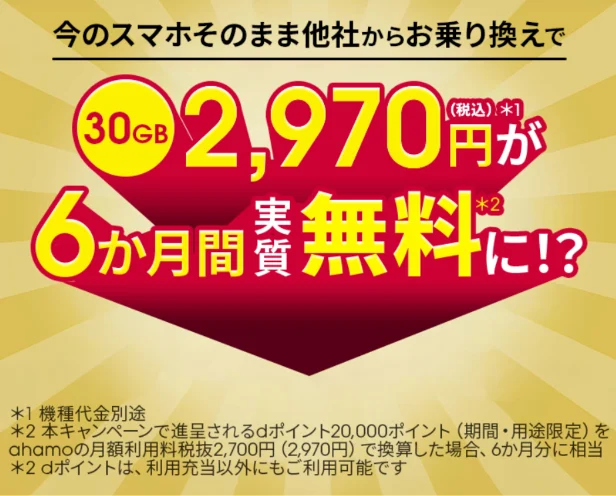 格安スマホ会社ahamoの6ヶ月実質無料キャンペーン